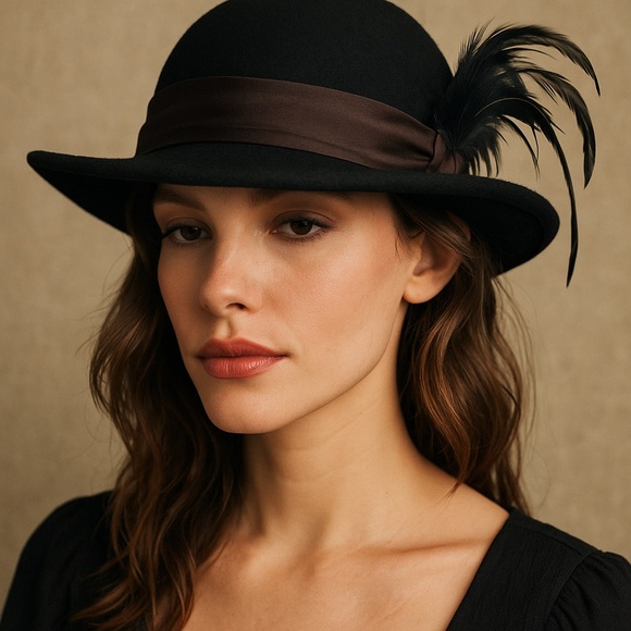 1960s Vintage Sylvia Hat Black Wool Felt Wide Upturned Brim Feather Cockade - Picture 1 of 12